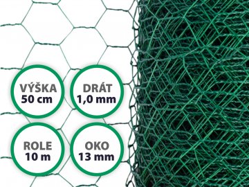 Králičí pletivo - zelené (PVC), oko 13 mm, výška 50 cm, role 10 m