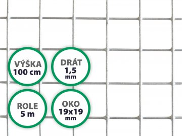 Pletivo na voliéry ZN, oko 19x19 mm, drát 1,5 mm, výška 100 cm, role 5 m
