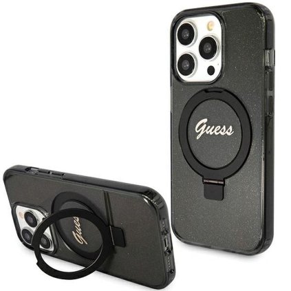 Originálne puzdro GUESS GUHMP15XHRSGSK pre iPhone 15 Pro Max (Compatible with Magsafe / Glitter Script Logo / krúžok na prst / čierne)