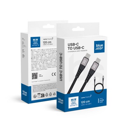 BLUE STAR pletený kabel 3A 60W Typ C - Typ C PD QC4.0 TFK-DC-003 1,2 m černý