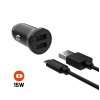 Nabíjačka do auta FIXED s výstupom 2xUSB a káblom USB/micro USB, 1 meter, 15W Smart Rapid Charge, čierna