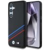 Originálny zadný kryt BMW Leather Tricolor Crossing Stripes MagSafe pre Samsung Galaxy S25 čierny