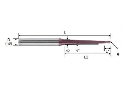 Kulová 2zubá fréza řady G550 s kuželovým krčkem d=1 R0,5 (1x2x23x60x6) 1.5°