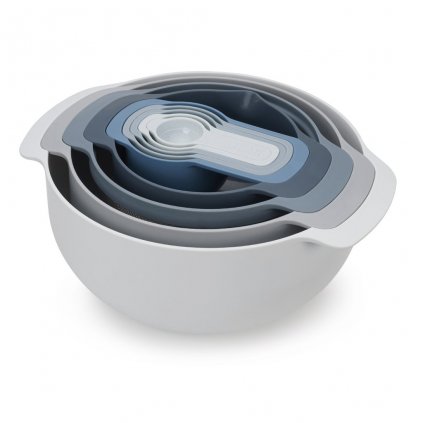 Tál készlet NEST 40112, 9 db, tésztaszűrővel és konyhai mérőkanál készlettel, kék, Joseph Joseph