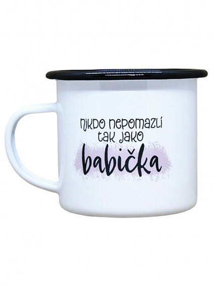 Smaltovaný hrnek plecháček s potiskem babička