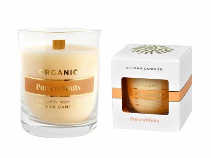 Svíčka ve skle ORGANIC Puro Withuts vonná dřevěný knot 250g