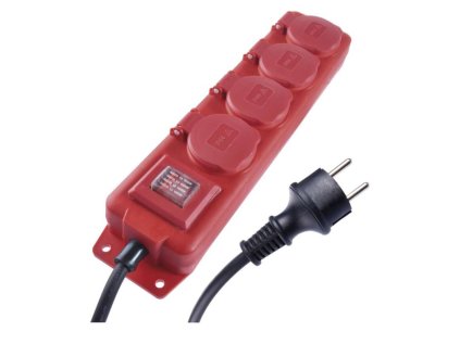 Prodlužovací kabel 10 m / 4 zásuvky / s vypínačem / černo-červený / guma-neopren / 1,5 mm2