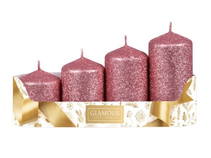 Svíčky adventní STUPŇOVITÉ glitrované d5x6/7,5/9/10,5cm 4ks