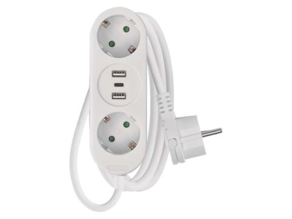 Prodlužovací kabel 1,5 m / 2 zásuvky+2×USB A+1×USB C / bílý / PVC / 1,5 mm2