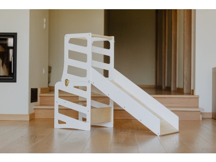 Multifunkční učící věž 3v1 se skluzavkou Stripes Bílá/Přírodní