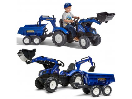 Šlapací traktor, rýpadlo a nakladač s otočným sedlem a přívěsem New Holland Falk od 3 let