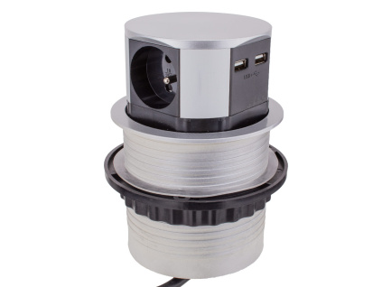 elektro zásuvka výsuvná 3x230V + 2xUSB kruhová stříbrná