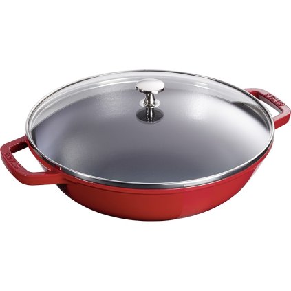 Wok 30 cm, mit Glasdeckel, Kirsche, Gusseisen, Staub