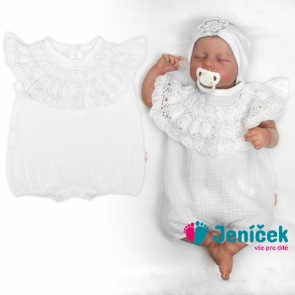 Body s nohavičkami, mušelín s krajkou BOHO - bílé