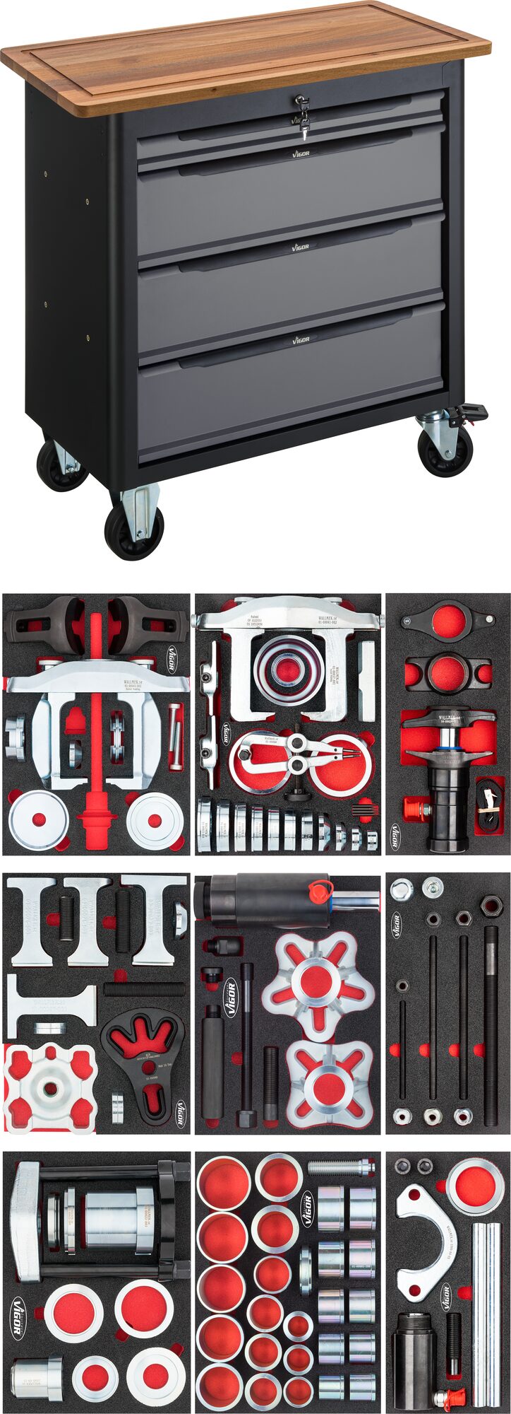 Vigor V7030 mobilní pracovní stůl XL se zásuvkami a dřevěnou deskou