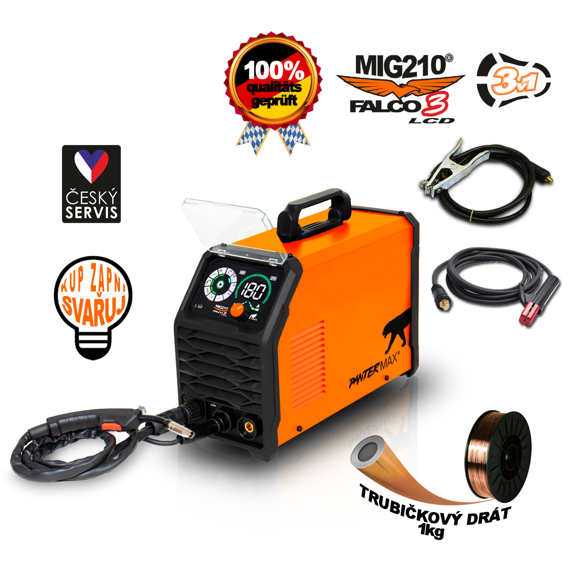 Detail podavače a ovládacího panelu svářečky PANTERMAX Falco 3 s LCD