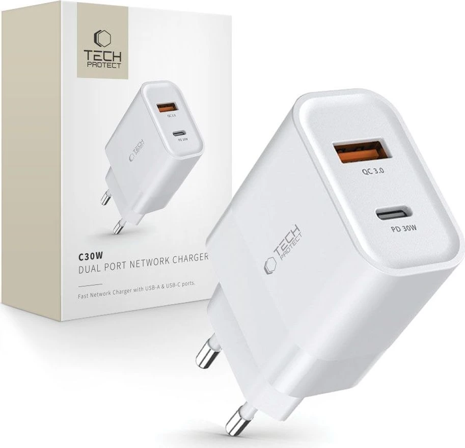 TECH-PROTECT C30W 2-PORT NETWORK CHARGER PD 30W / QC3.0 WHITE