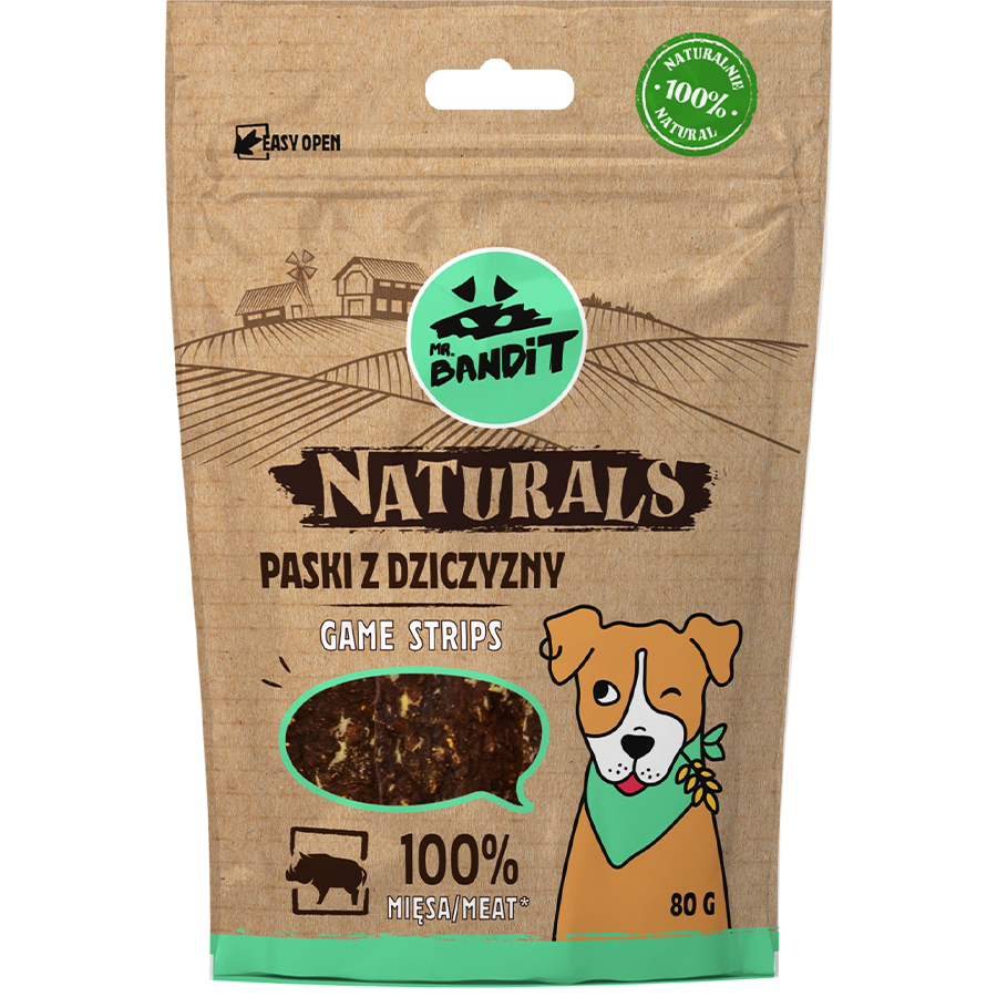 Mr.Bandit Naturals zvěřinový strips 80 g  - 100 % přírodní pamlsek jemné a křupavé proužky ze zvěřiny