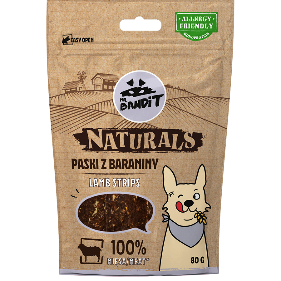 Mr.Bandit Naturals jehněčí strips - 100 % přírodní pamlsek z jehněčího masa 80 g