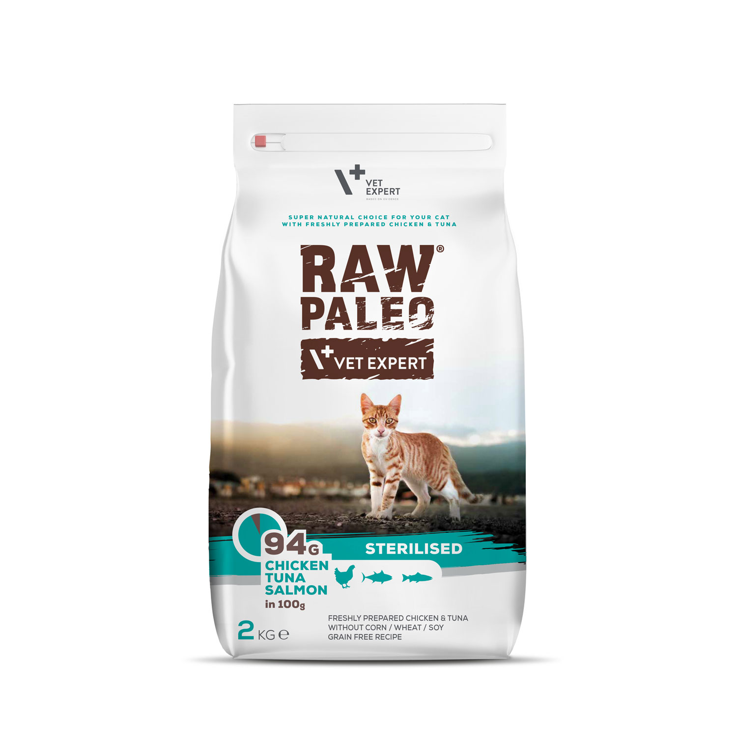 RAW PALEO Sterilised Cat - suché krmivo s kuřecím masem, tuňákem a lososem pro sterilizované dospělé kočky